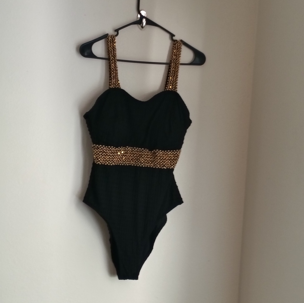 Unbranded Leotard Women 1X Black and Gold Bodysuit Casual Dance Party Versatile